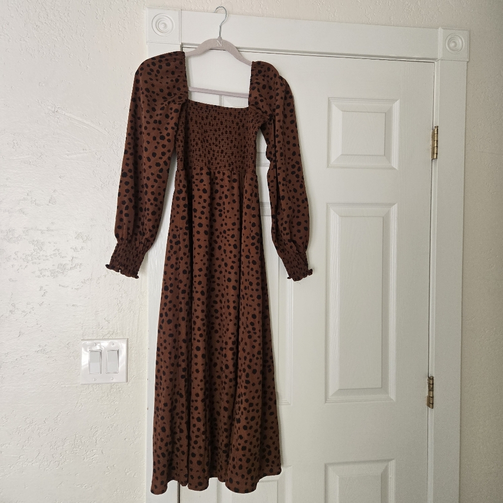 Brown Polka Dot - Leopard Print Long Sleeve Maxi Dress, S